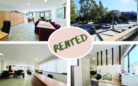 Collage of an empty office interior and a street view, with a pink circular 'RENTED' badge in the center.