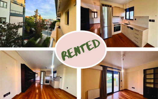 Collage of a modern apartment: exterior balcony view, open kitchen, and bright living spaces with a 'RENTED' badge in the center.