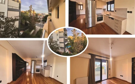 Collage of a modern apartment: bright kitchen with stainless appliances, open living area, and balcony doors with city view central circle shows building courtyard pool area.