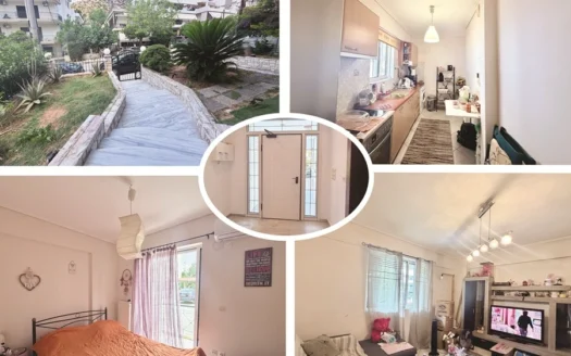 Five-photo collage of a home: front entrance, kitchen, living room, two bedrooms, and garden path in a single image.