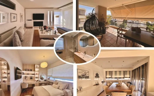 Collage of a modern apartment: living room, bedroom, dining area, balcony, and central bathroom.