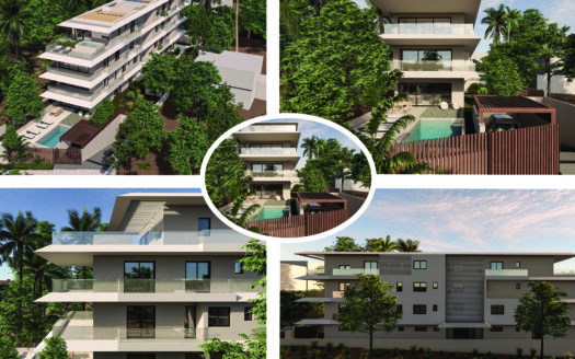 Collage of modern white apartment buildings amid dense tropical greenery, with balconies and a pool area visible on the ground floor.