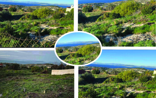Collage of a coastal hillside landscape with blue sea, distant mountains, houses, and lush greenery; central circular inset showing the same view.
