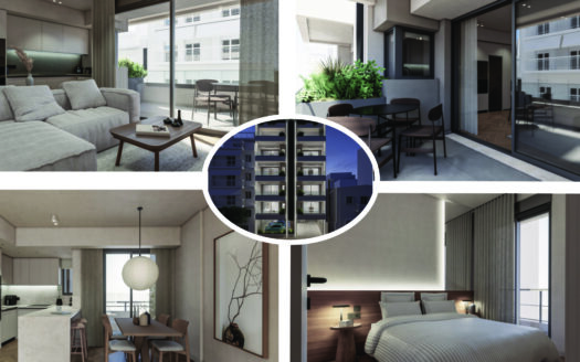 Collage of modern apartment interiors: left living room with gray sofa and kitchen, right balcony dining area, center circular photo of a high-rise building facade.