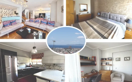 Collage of modern apartment interiors: living room with white sofas and purple cushions, open kitchen, and a bedroom with a large upholstered bed; circular cityscape view in the center.