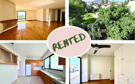 Collage of a renovated apartment: bright living area with wood floors, modern kitchen, and garden/outdoor view; a pink 'RENTED' badge in the center.