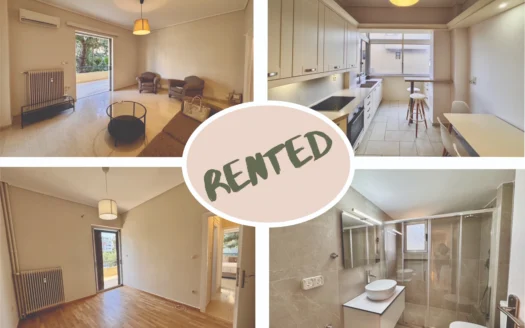 Collage of a renovated apartment showing a living room, modern kitchen, and bathroom with a large 'RENTED' stamp in the center.