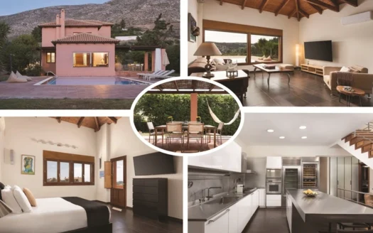 Collage of a pink villa with a pool, a contemporary living room, a bedroom, a modern kitchen, and a central outdoor dining area.