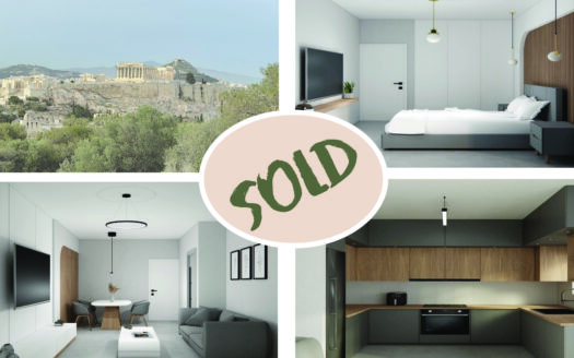Collage of a modern apartment: left shows exterior ruins and greenery, right shows a bright bedroom; center has a 'SOLD' badge.