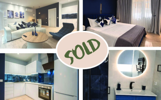 Collage of modern blue-and-white home interiors: living room, kitchen, and bedroom with a large 'SOLD' badge in the center.