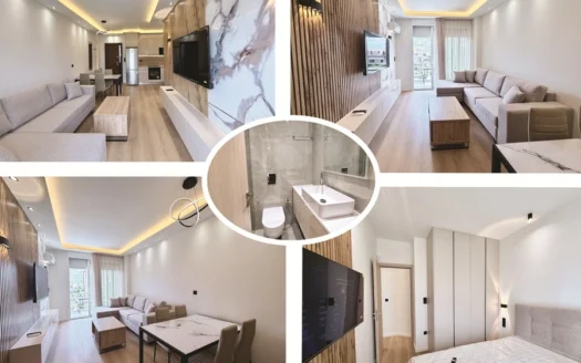 Collage of a modern apartment: two living areas, a dining table, a bedroom, and a central marble bathroom image in the middle.