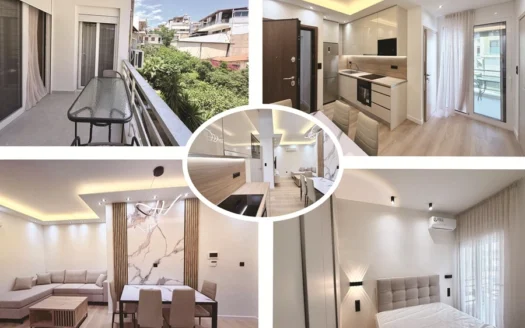 Collage of a modern apartment: balcony, open kitchen, dining area, living room, and bedroom in neutral tones.