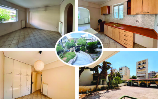 Collage showing an empty living room, a modern kitchen, a courtyard view, and building facade of a residential apartment complex.