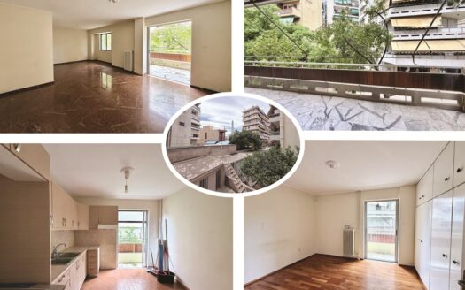 Collage of an empty apartment showing a spacious living room, balcony view, kitchen, another empty room, and a central courtyard with stairs.