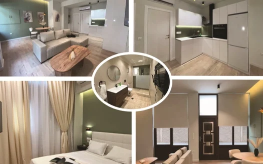 Collage of a modern apartment: living room with a beige sectional, wooden coffee table, and green walls; open-plan kitchen nearby; bedroom with a white bed and gold curtains; dining area with seating; central bathroom inset showing sink and mirror.