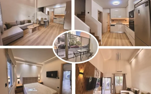 Collage of a modern apartment: living room, kitchen, bedroom, and a small balcony table—center shows street view.