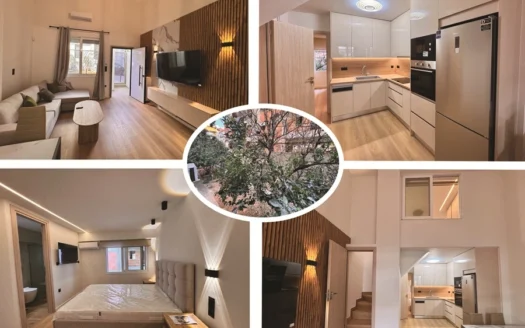 Collage of a modern apartment: living room, open kitchen, bedroom, and staircase around a central circular courtyard photo.