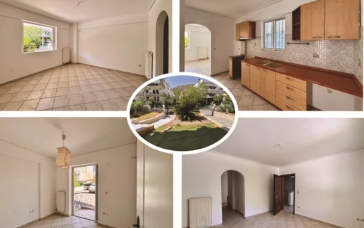 Collage of a bright empty apartment with tiled floors: living room, kitchen, and other rooms arranged around a central circular courtyard with greenery.