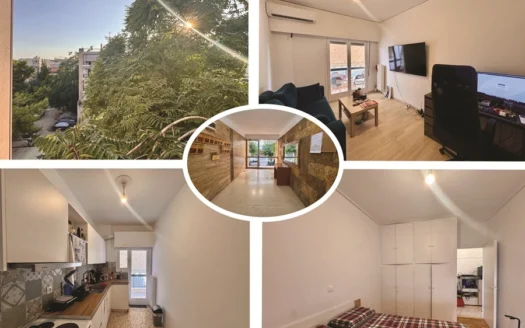 Collage of an apartment: center image shows entry hall; surrounding shots include kitchen, bedroom, living room, and a sunny exterior view with trees.
