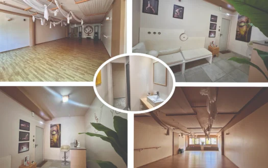 Collage of a yoga studio: a spacious wooden floor, white fabric ceiling, and decorative drapes; a lounge area with cushions and a plant; wall art surrounds the space.